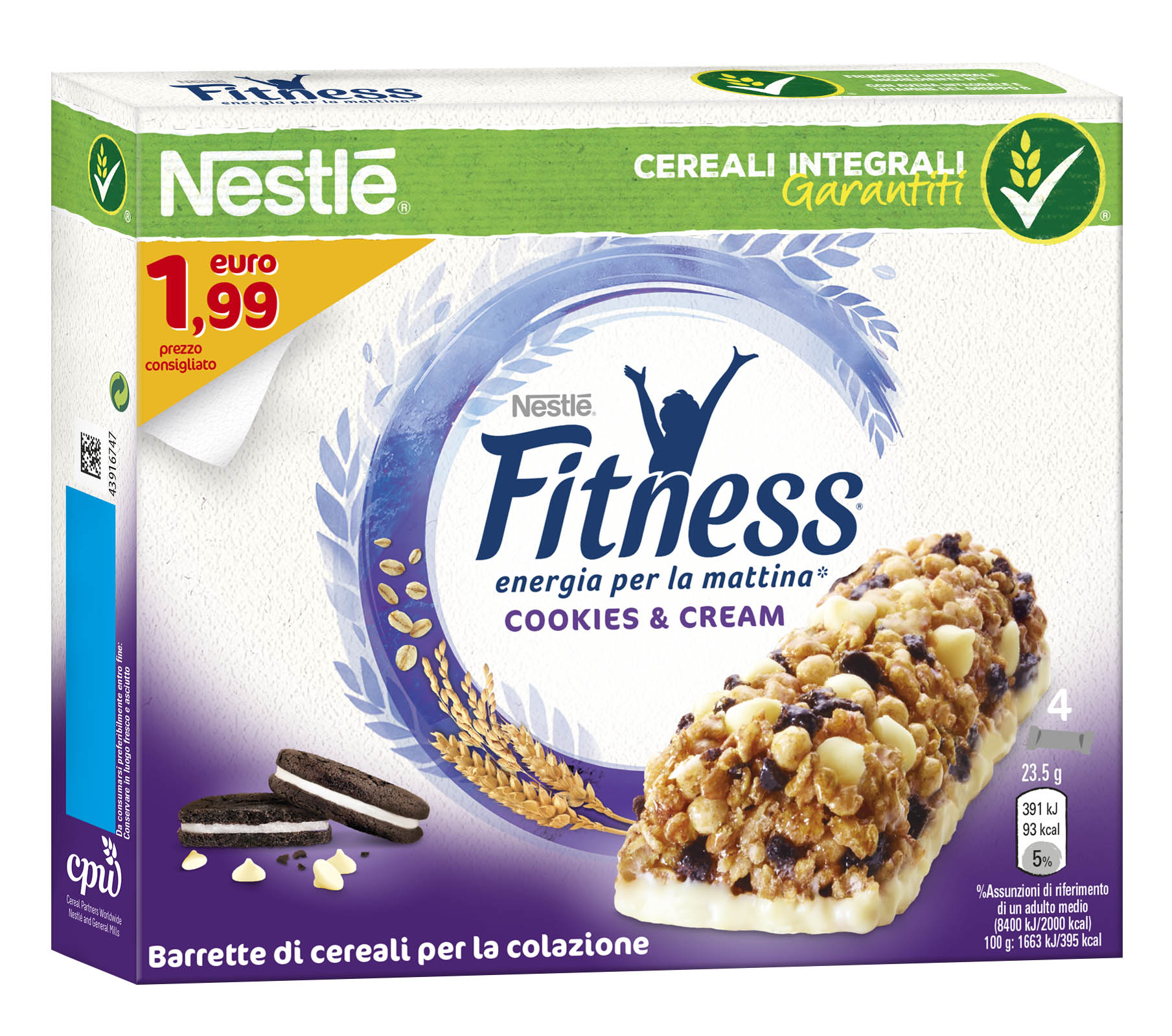 Nestlé FITNESS Breakfast Cereal Bar Cookies and Cream Pack of 4